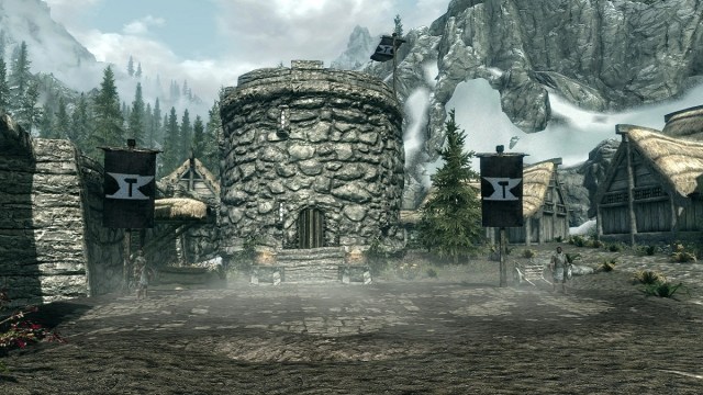 Skyrim: an image of the tower in a non-burned down version of Helgen.