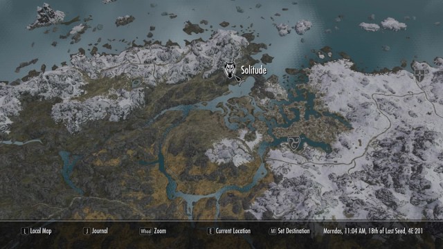 Skyrim: a detailed version of the game's map, with the cursor hovering over Solitude.