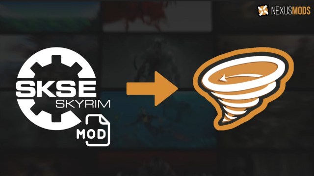 Skyrim Script Extender: the SKSE logo next to an orange arrow pointing at the Vortex logo.