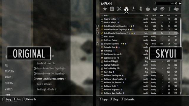 The original Skyrim user interface on the left and the more comprehensive SkyUI version on the right.