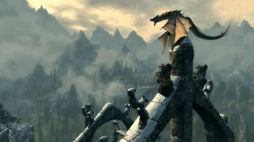 Skyrim: a dragon roars across the land while atop some ruins.
