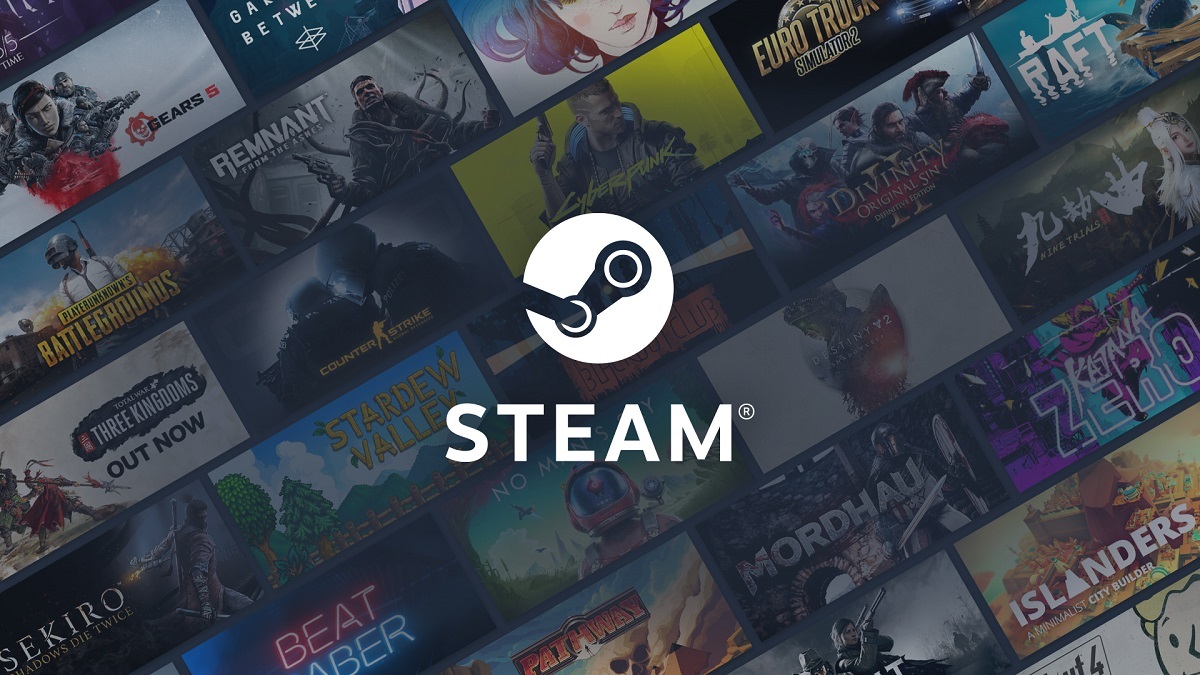 Steam logo with rows of games behind it, including Cyberpunk 2077, Counter-Strike, and Stardew Valley.
