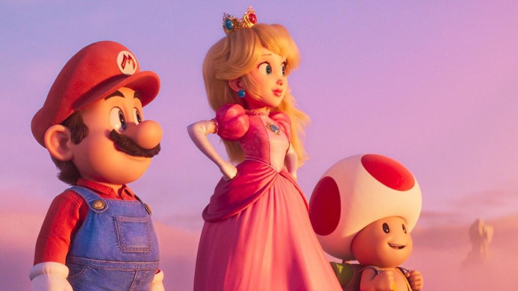 Mario (left), Peach (middle), and Toad (right) looking to the right at something off-screen
