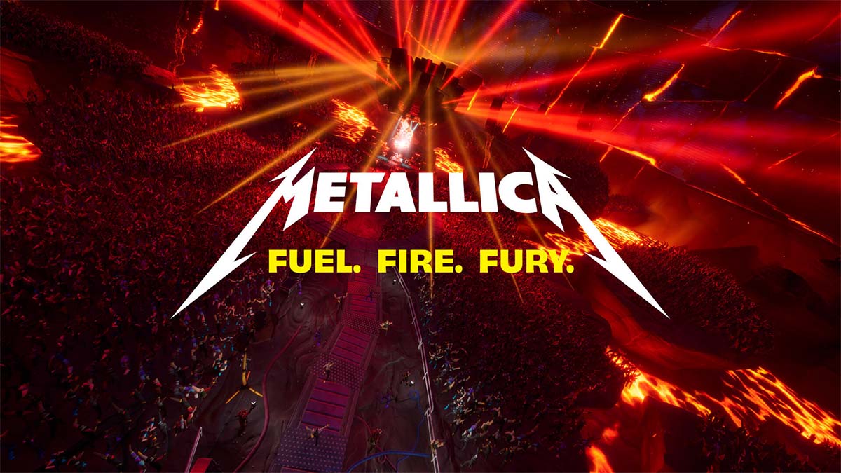 The Metallica logo with hundreds of Fortnite characters at a concert