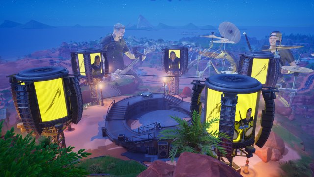 Fortnite's Metallica-themed Loot Island with a stage on top. 