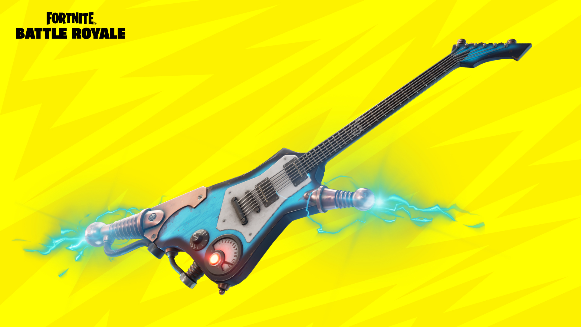 Fortnite's light blue Ride the Lightning guitar against a yellow background. 