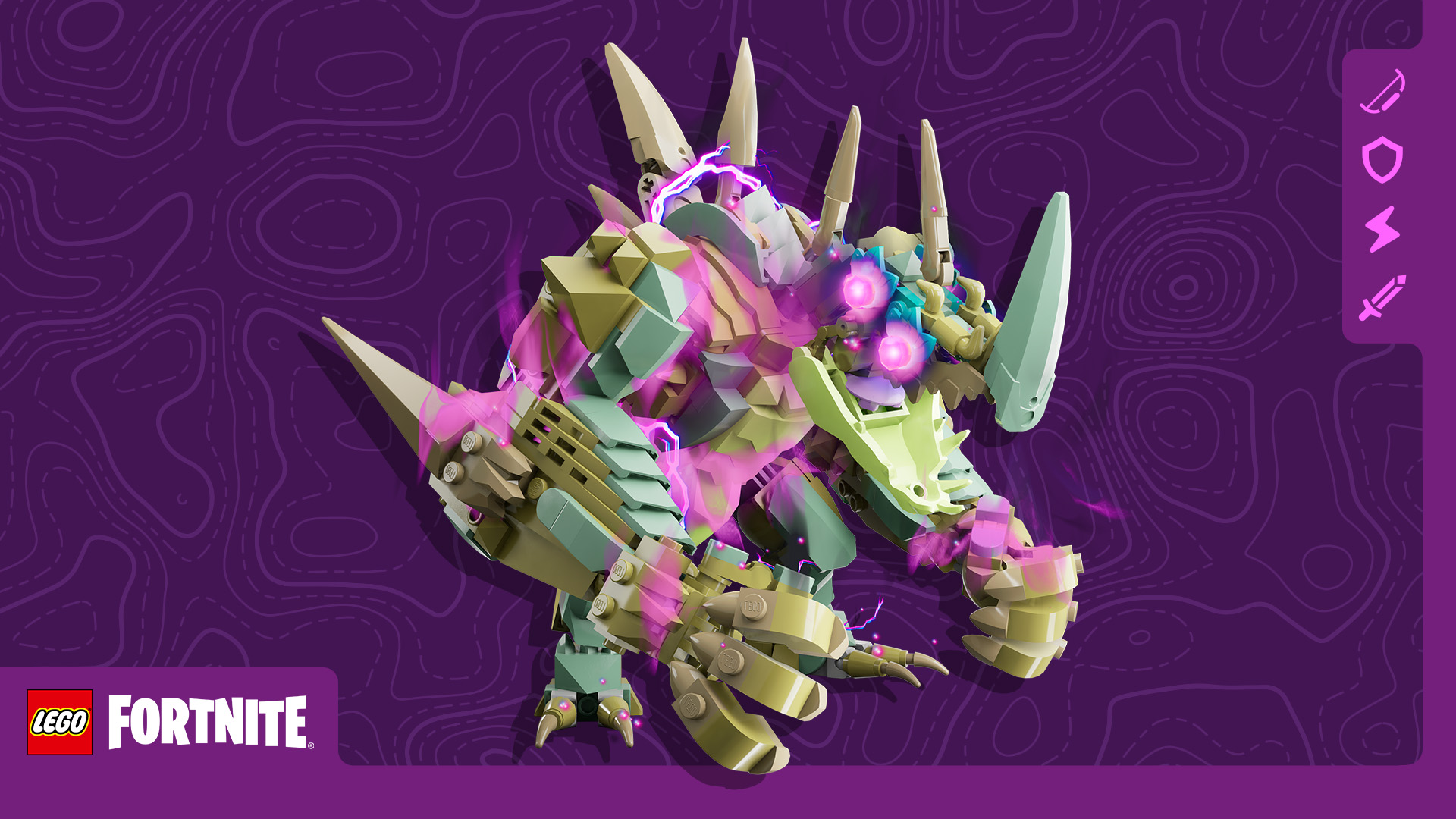 A Storm Wild Brute in LEGO Fortnite, with purple eyes