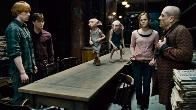 Ron, Harry, Dobby, Kreacher, Hermione, and Mundungus Fletcher