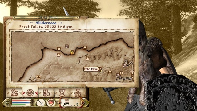 Oblivion: the inventory screen showing the map where Cyrodiil borders Skyrim.