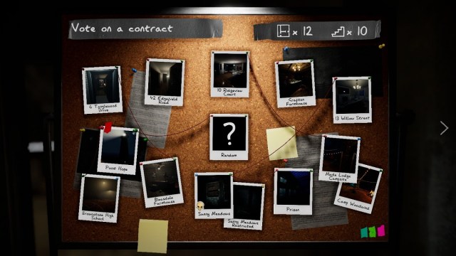 Phasmophobia: the corkboard showing all the game's locations.