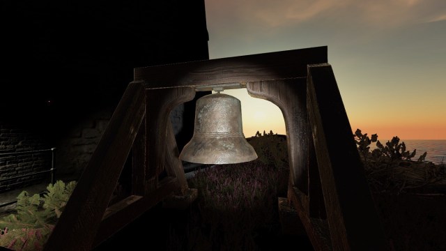 Phasmophobia: a flashlight shines on a large bell outside the Point Hope lighthouse.