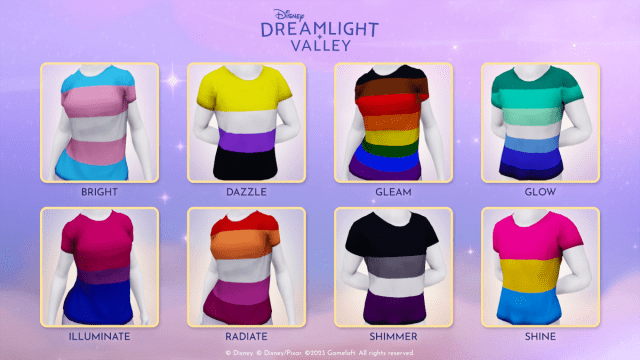 The eight different pride shirts in Disney Dreamlight Valley