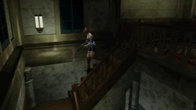 Resident Evil 3 Nemesis: Jill Valentine walking down the stairs in Raccoon Police Department.