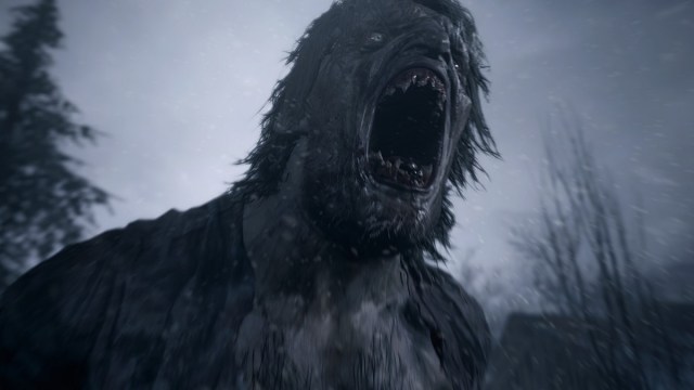 Resident Evil Village: a werewolf creature roars at night.