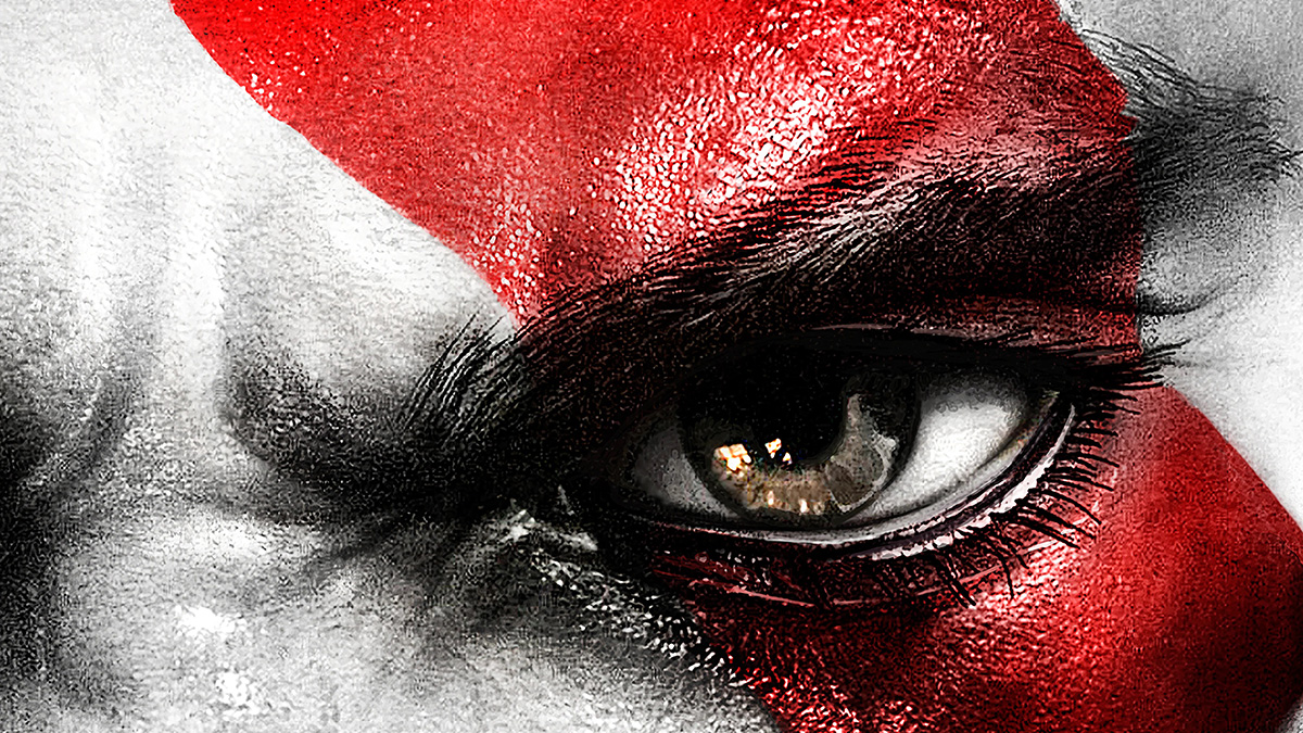 Kratos looking at the camera in God of War.