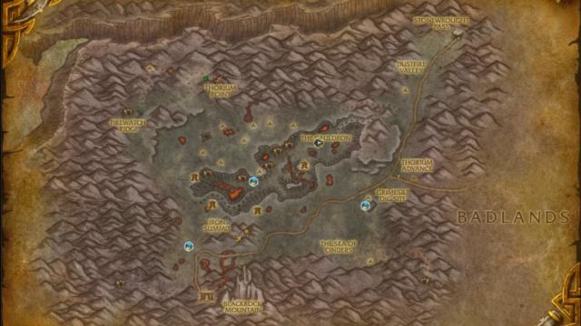 A map of Searing Gorge that shows the locations of Radiant Echoes