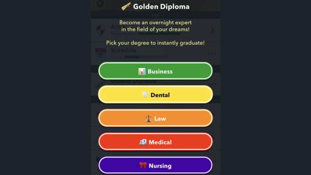BitLife Golden Diploma menu and degree list