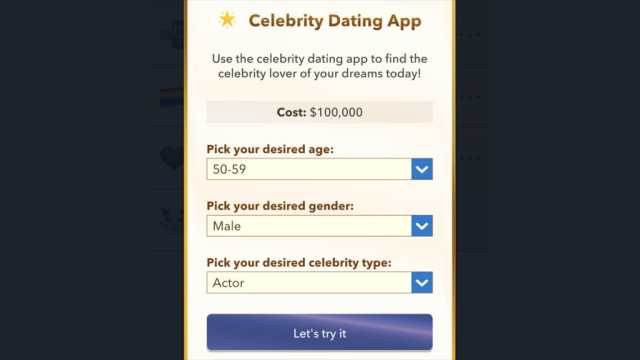 BitLife celebrity dating app menu