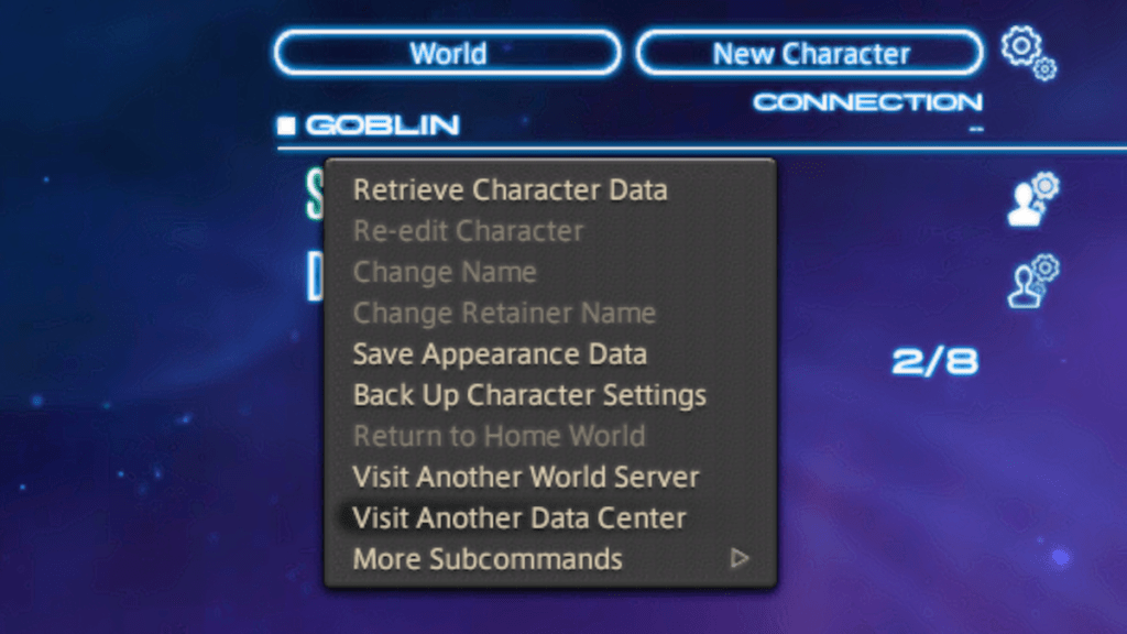 Data Center Travel option in Final Fantasy XIV