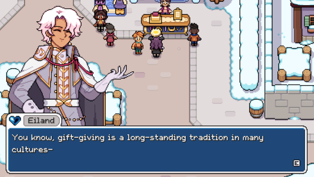 Eiland's reaction to receiving a liked gift in Fields of Mistria