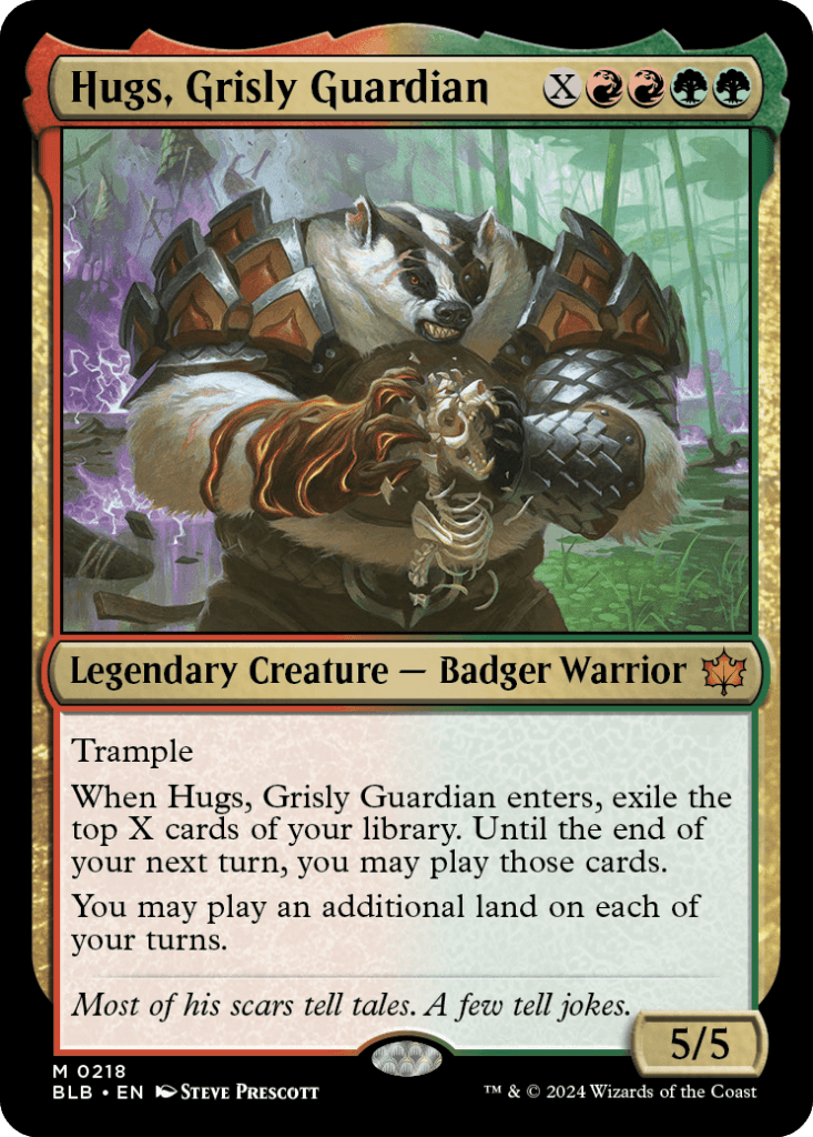 The card Hugs, Grisly Guardian from the Bloomburrow set.