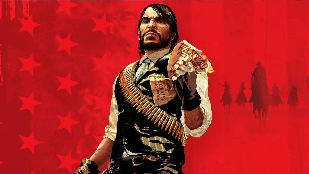 Red Dead Redemption: John Marston holds up some money while he's on a bright red background.