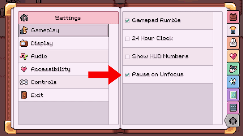 Making sure this setting is on will allow you to have Fields of Mistria running in the background without wasting any time in-game