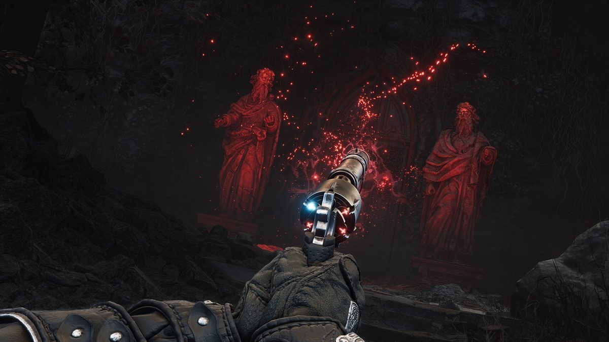 A stylized gameplay screenshot from Witchfire, with the protagonist aiming a revolver at some ghosts.
