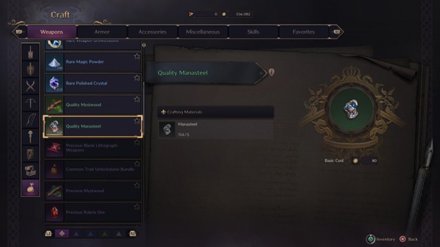 The Quality Manasteel crafting recipe in Throne and Liberty.