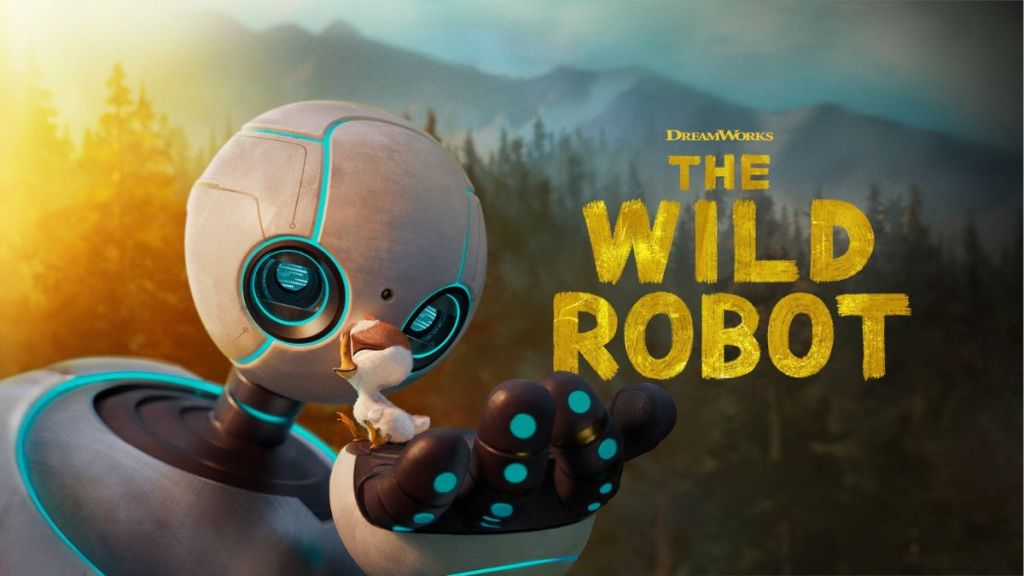 Official poster of The Wild Robot with Roz and Brightbill.