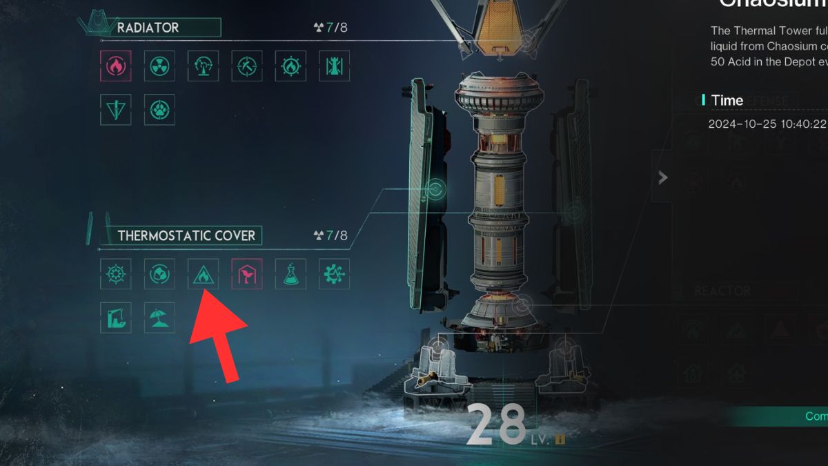 The Thermal Tower interface in Once Human, with the acid production perk, Chaosium Chemistry, highlighted by an arrow. 