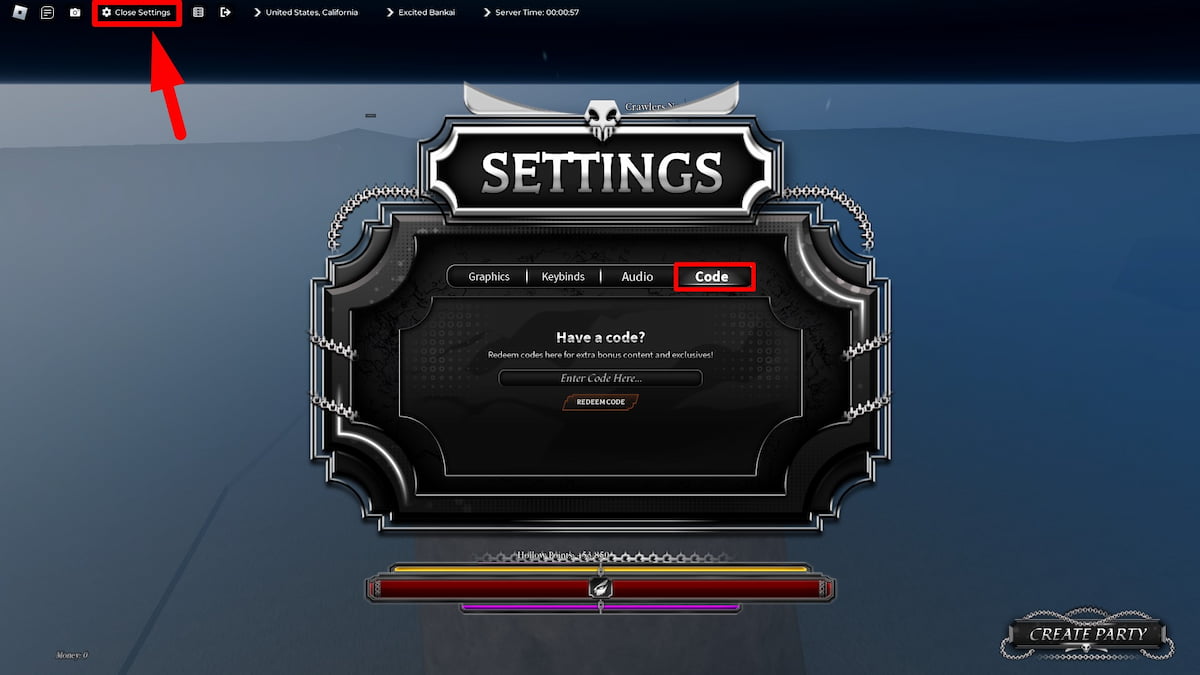 Codes redemption menu in the Paradox Roblox experience