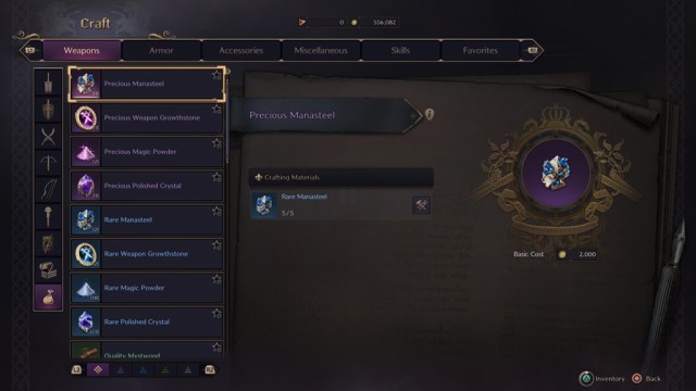 The Precious Manasteel crafting recipe in Throne and Liberty.