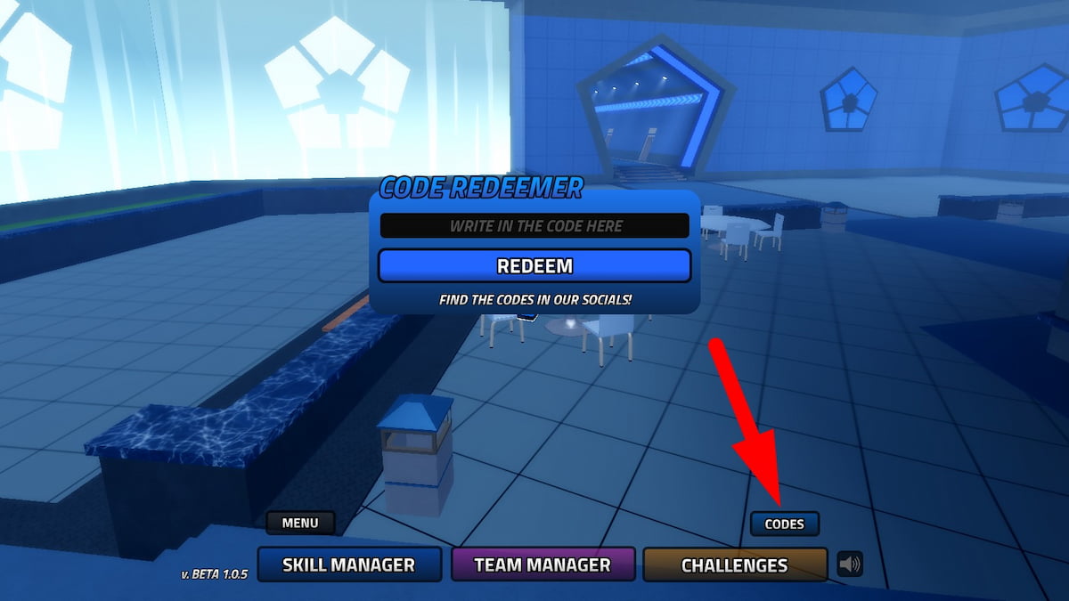 Codes redemption menu in Vision Roblox experience