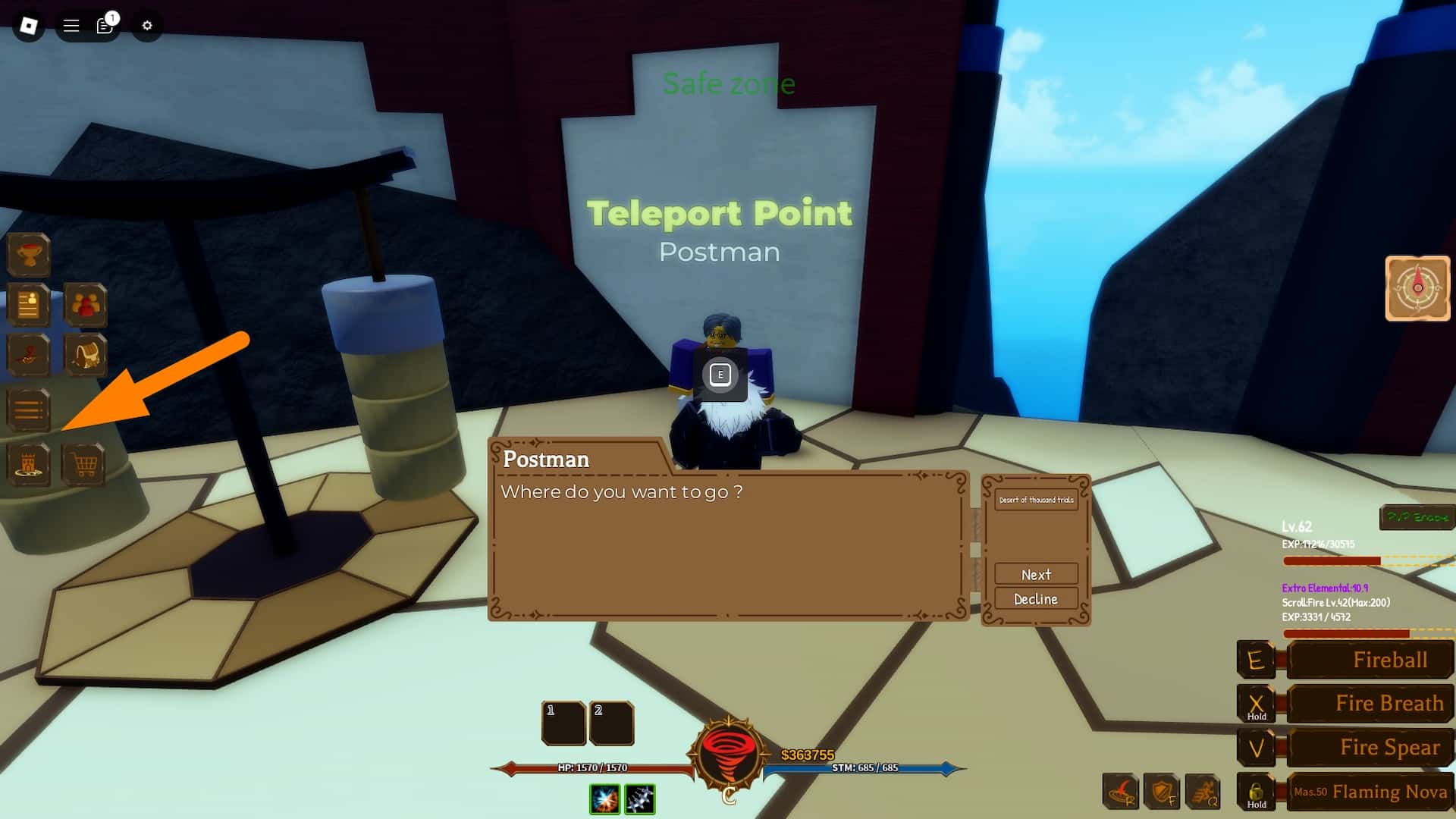 Player talking with the Teleport NPC in Ninjitsu Master of Elements