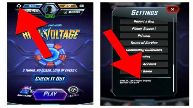 Screenshot of the Marvel Snap menu and settings.