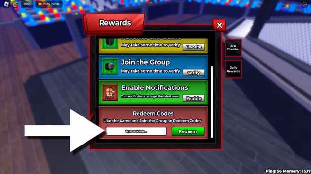 In-game screenshot of MMA Legends Redeem Codes section.