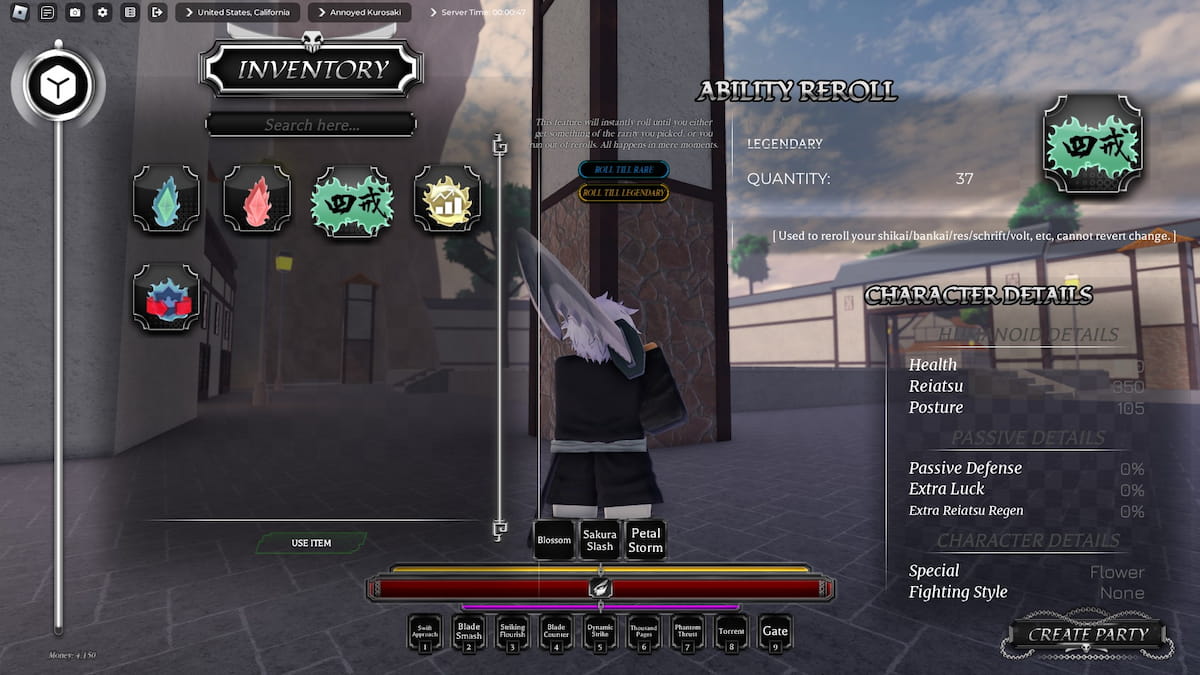 Inventory showing Ability Rerolls in the Paradox Roblox experience