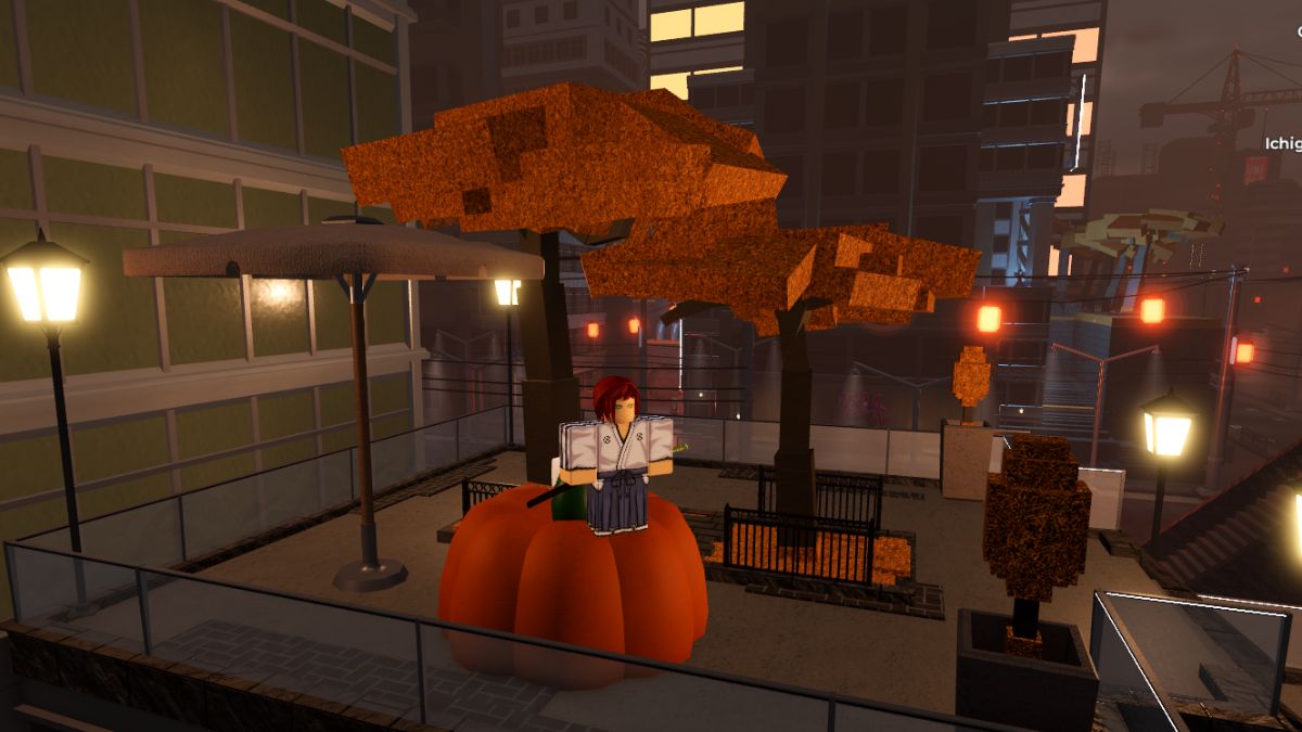 Character standing on a pumpkin in Karakura Town in Type Soul