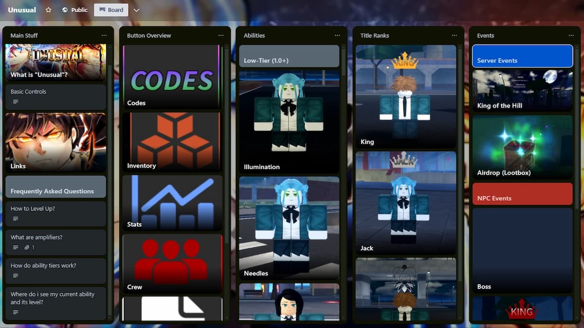 Trello board for the Unusual Roblox experience