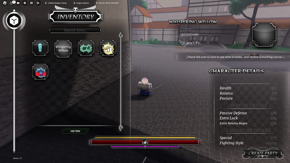 Whispering WIllow in a players inventory in Paradox Roblox experience
