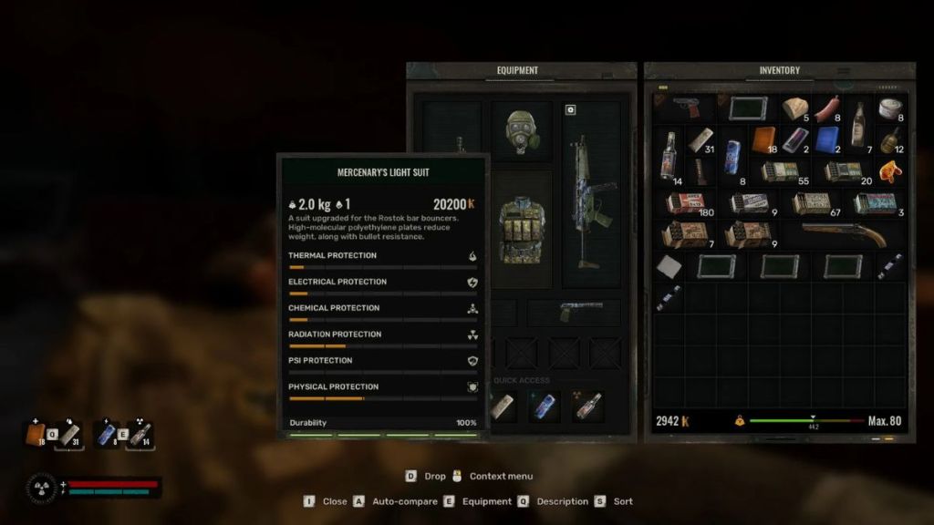 A player inventory in Stalker 2 featuring radiation-resistant gear and artifacts.
