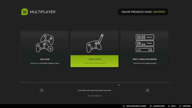 The multiplayer options menu in Farming Simulator 25