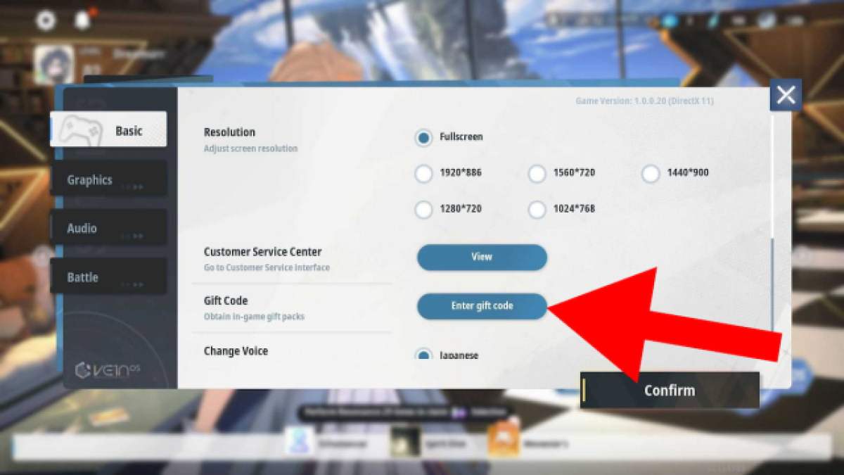 Screenshot of the settings and codes section in Ash Echoes.