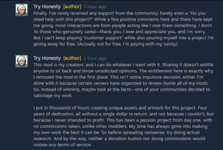 A forum post by mod creator Try Harder from the Steam Workshop page for their mod Cedar Creek.