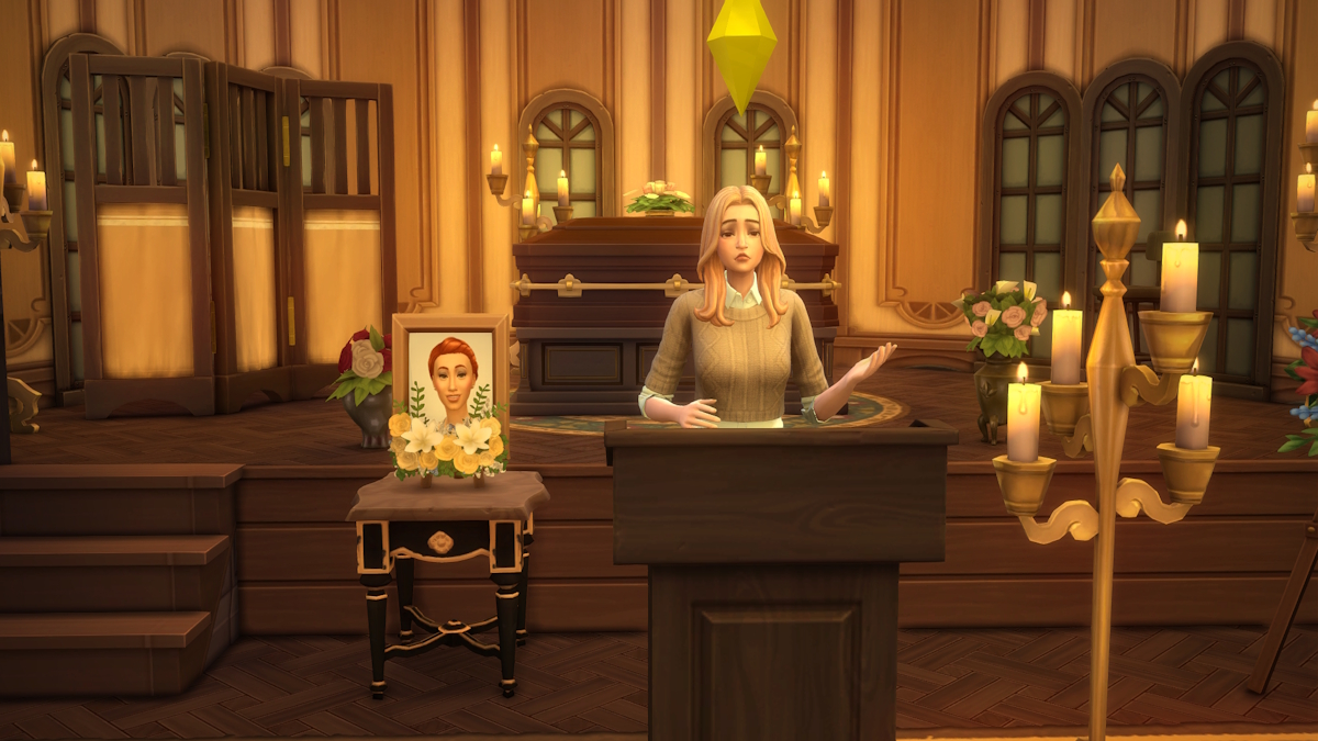 A Sim giving a eulogy at a funeral