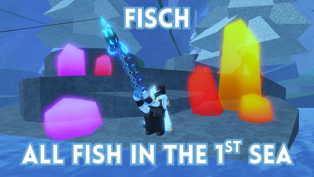 A Fisch player is fishing in the Calm Zone with the title on top and bottom of the screen
