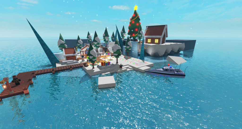 Christmas Village in Go Fishing Roblox with a Roblox player fishing on the pier