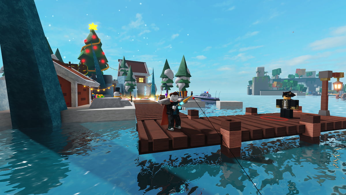 Go Fishing Roblox player is fishing in the new Christmas Village