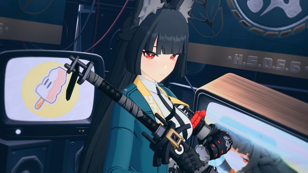 Hoshimi Miyabi standing among TV screens with a stern look on her face